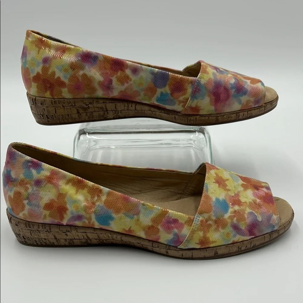Michelle D Ellena Wedge Women's 10M Floral Slip On Peep Tow Yellow Pink